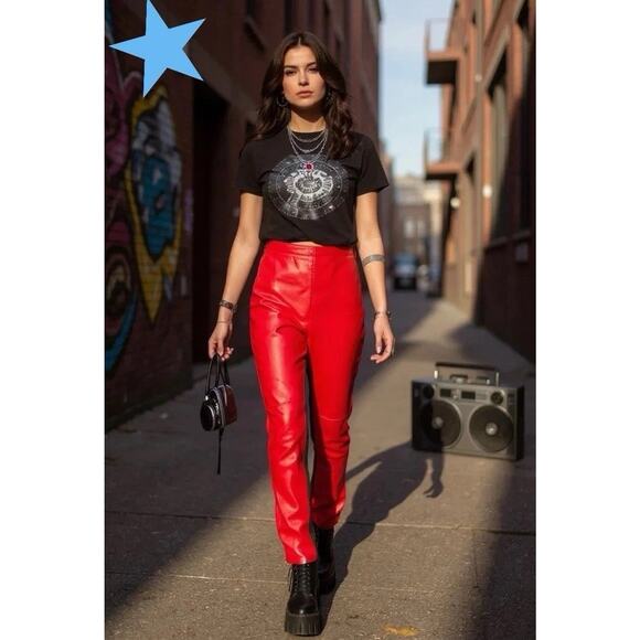 Vintage 90s Y2K Cache Red Leather & Black Knit Sexy Hawt Women's Pants Size 8 M - Picture 1 of 10